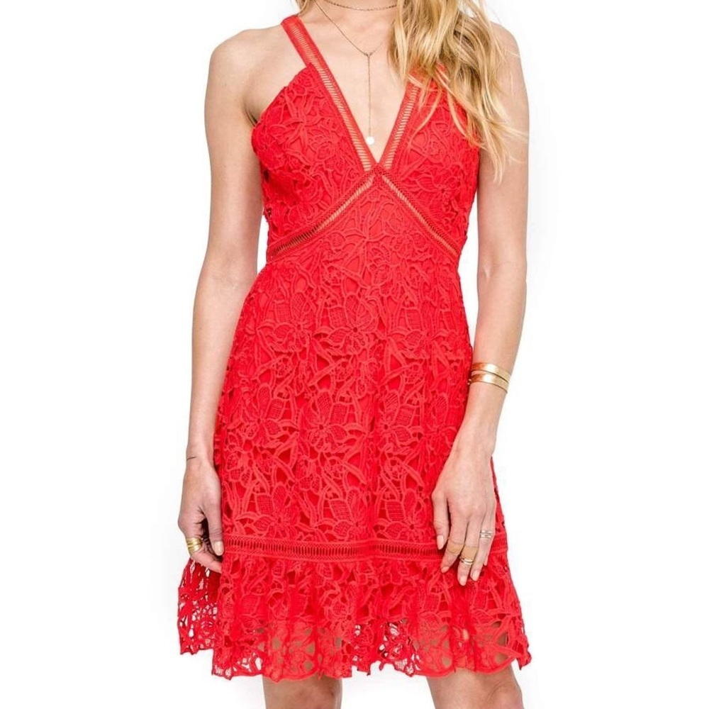 ASTR Red Floral Lattice Guipure Lace Fit and Flare Cocktail Dress Size Medium
